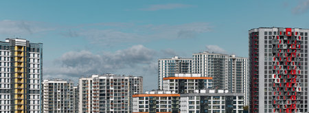 Cityscape panorama with modern urban architecture, and high-rise residential buildings. Business, real estate investment, and multistory living concept.の写真素材