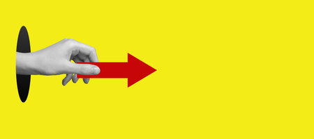 Arrow hitting target symbolizing goal, accuracy, and success. Business strategy, competition, achievement and vision, precision concept. Yellow background, business bannerの写真素材