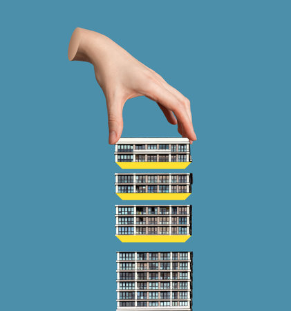 Architectural plan with modern building design, construction concept, and technical perspective. Urban development, residential estate, creative project, and engineering outline. Isolated on whiteの写真素材