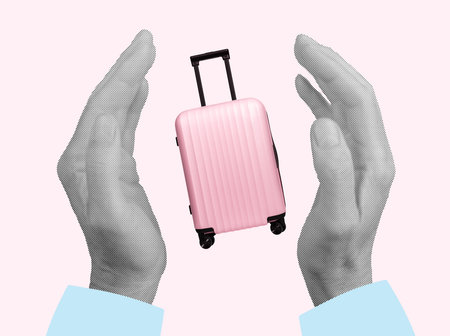 Luggage protection concept. Traveler holding pink suitcase with wheel, compact hand baggage and airport gear, secure and safe for vacation, trip, tourism, adventure and travel insurance coverage.の写真素材