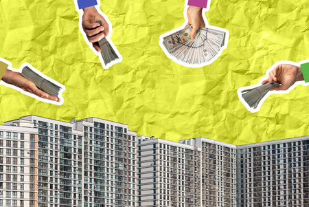 Real estate investment and trade concept. Investor bidding in auction, choosing property, competing in market. Money, economy, highrise buildings, cityscape. Surreal development, buying, selling,の写真素材
