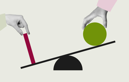 Balance and imbalance concept, symbolizing judgment and decision-making. Negotiation, and struggle in business and law. Abstract metaphor for inequality and pressure in debate.の写真素材
