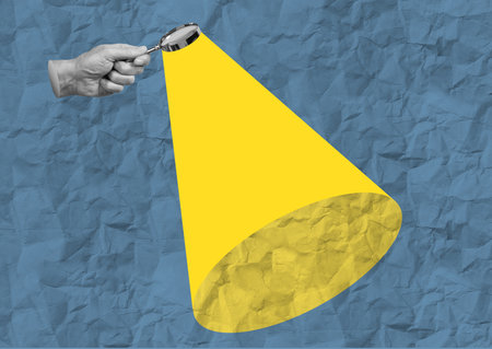 Magnify with glass lens. Hand holding magnifier for research, search, zoom, focus, investigation, analysis, looking, and discovering information in business or science concept. Collage art.の写真素材