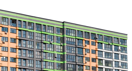 Building exterior with panoramic view. Modern multistorey apartment, condo, home, residence, business and commercial block, architecture, real estate, investment, mortgage, isolated on whiteの写真素材
