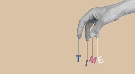 Time management concept with hand and string. Person controlling tasks, schedule, deadline, appointment, reminder, multitasking, plan, performance, business work. Bannerの写真素材