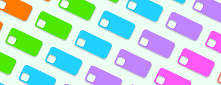 Phone case mockup with a repeating pattern of bright, colorful designs. Different cases arranged in a minimalistic, creative flat lay style. Showcasing modern technology with a focus on protection andの写真素材