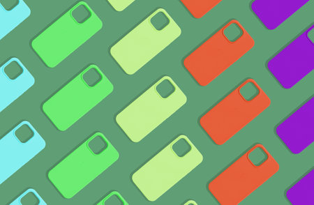 Phone case, repeating, colorful pattern arranged in a minimalistic, flat lay style. Bright, creative...