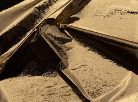 Golden foil reflective folds with a shiny, metallic finish. Luxurious, crumpled texture creating a dramatic, chic design with glitter and shimmer. Perfect for royal, elegant decor, fashion, andの写真素材