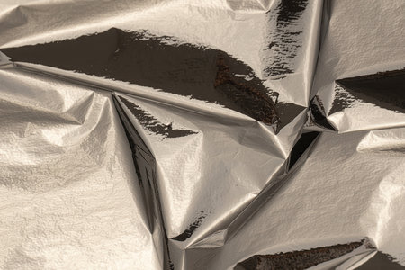 Silver foil with shiny, metallic texture creates a reflective, polished surface. Crinkled, folded angular design adds modern elegance, perfect for luxury wrapping, high-contrast decor, and abstractの写真素材