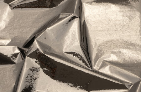 Silver foil with shiny, metallic texture creates a smooth, reflective surface. Crinkled, folded...