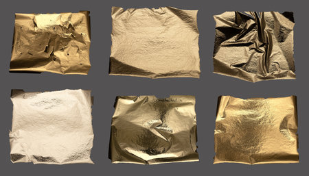 Torn and crumpled metallic foil with crinkled texture, golden and brass tones, sleek and rugged...