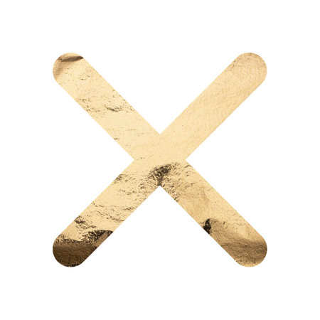 Golden cross symbolizing rejection and disapproval. Error, failure, and incorrect sign, representing cancellation and denial. Textured design isolated on white background, conveying prohibition andの写真素材