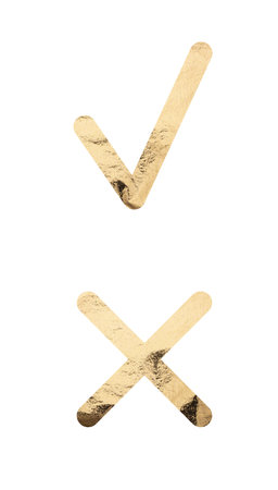 Golden checkbox with checkmark and cross symbols, representing correct and incorrect answers. Metallic texture, symbolizing approval and denial. isolated on white background.の写真素材