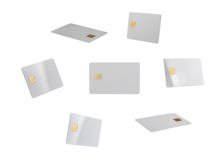 Bank card mockup in different angles and positions. Glossy, clear plastic design showcasing credit or debit cards, perfect for financial ads or online purchases. Isolated on white background withの写真素材