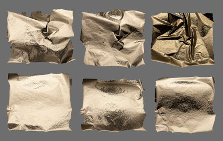 Bright silver and gray foil texture with a pearlescent, glossy finish. Torn, ragged edges create a sleek, modern design with a holographic glow and shimmering metallic surface. Premium quality metalの写真素材