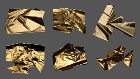 Gold foil texture, shiny crumpled sheet with wrinkles and folds. Glossy, reflective surface with vintage and modern effect. Wrinkled, golden material, packaging, and glitter details. Abstract, luxuryの写真素材