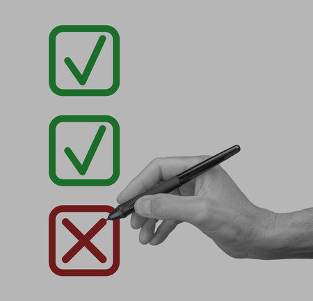 Survey checklist with questions, choices, and feedback. Business evaluation through customer opinion, research, and report. Paper document with pencil marks, rating, and analysis. Online test, poll,の写真素材