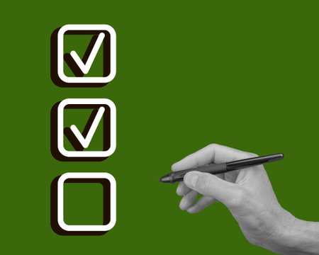 Checklist with checkmark symbol. Green tick mark on document, confirming correct choices in survey...