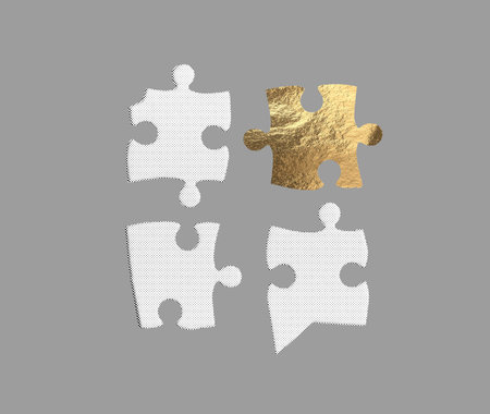 four jigsaw puzzle pieces, three in monochrome halftone white and one in textured metallic gold, arranged against a gray background. The visual contrast highlights individuality, uniqueness, andの写真素材