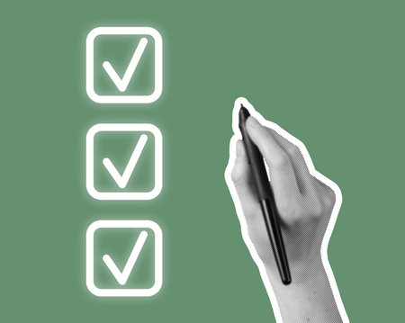 Checklist with tick marks on a document. Completing tasks in business or survey form, marking done...