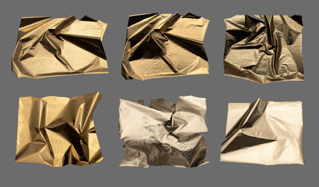 Gold foil texture, crumpled and wrinkled material, reflecting light. Glossy and shiny surface with vintage, modern, and trendy effects. Golden plate, glitter, and beautiful decoration. Closeup ofの写真素材
