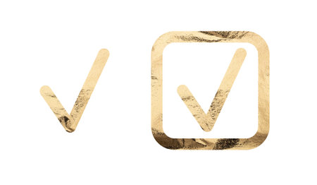 Golden checkmark symbol, indicating confirmation and approval. Metallic foil tick mark, representing a positive choice and success. Simple, modern design for business and election related concepts,の写真素材