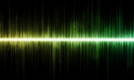 Sound wave pattern. Music, frequency, beat, rhythm, and tune in digital, electronic form. Waveform, amplitude, energy, motion, signal. Dynamic equalizer, stereo, volume, chart display. Modern techの写真素材