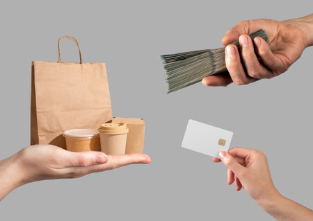 Payment for delivery, order. purchase groceries and food items, paying with credit card, cash money. Retail service offering discounts, cashback, and secure transactions. Delivery package and financeの写真素材