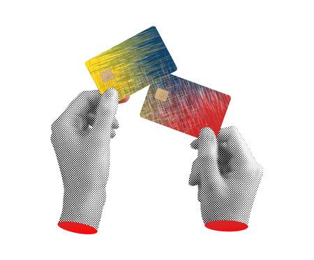 Bank card held in hand, showcasing credit, debit features for shopping and online purchases. Smart payment technology, transfer, and finance services. Quirky, unique design with chip and cashbackの写真素材