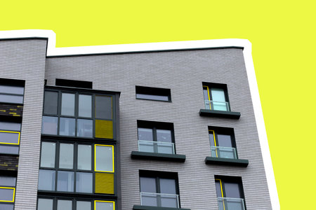 Building corner with modern apartment architecture. Yellow facade with geometric windows and balconies, clean structure and stylish urban housing design. Isolated on white background.の写真素材