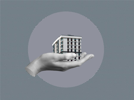 Collage of a hand holding a small modern high rise building with balconies and palm. Concept...