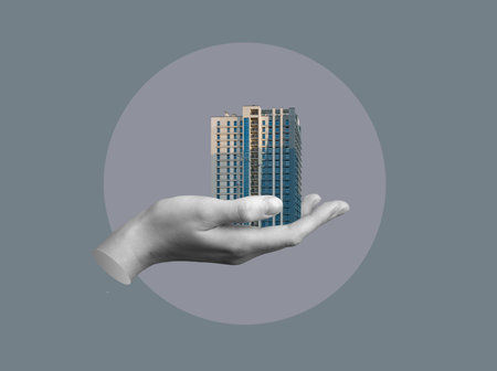 Creative collage showing a hand holding a tiny high rise building with palm and balcony. Conceptual artwork symbolizing real estate investment, urban living, property ownership, and business in modernの写真素材