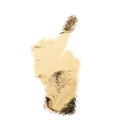 Hand gesture with pixelated distortion in gold foil texture. Shiny metallic surface with abstract glitch effect, crumpled material and modern artistic design. Isolated on white background.の写真素材