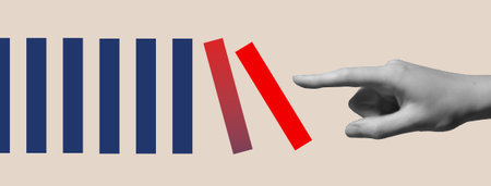 Hand breaking red domino block in blue pattern. Concept of disruption, innovation, rebellion, individuality, and bold leadership. Abstract metaphor of change, freedom, and creative thinking isolatedの写真素材