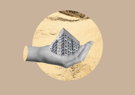 Hand holding apartment block as symbol of home ownership and trust. Urban collage with gold foil, halftone design, real estate, security, lifestyle and personal investment concept.の写真素材