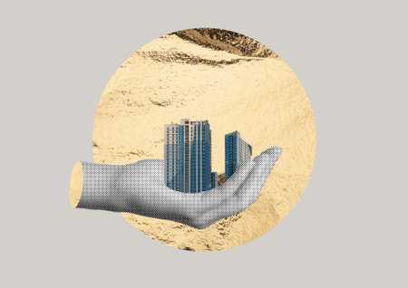 Hand holding skyscraper as real estate concept. Modern collage with urban architecture, financial investment, luxury housing, development and creative graphic design.の写真素材