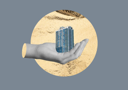 Hand holding skyscraper as symbolic collage of real estate and wealth. Gold design with halftone texture representing urban architecture, investment, finance and property development.の写真素材