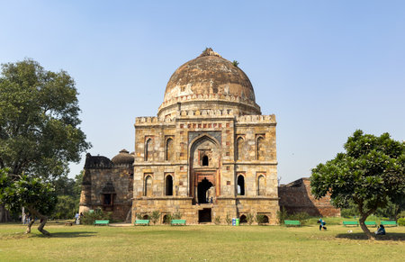 India Delhi 2024 October 18 Lodi Tomb in Delhi, India, a historical mausoleum with a grand dome and intricate stone architecture. Surrounded by lush green garden, peaceful park, and serene landscape.の写真素材