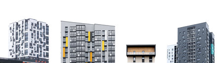 Set of modern condo buildings with concrete facade and balconies. Contemporary high rise...