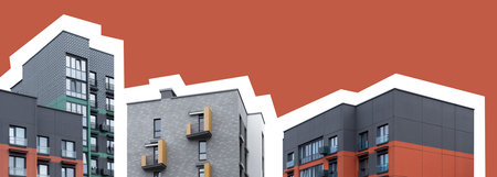 modern condo buildings with concrete facade and window pattern. Contemporary collage art...