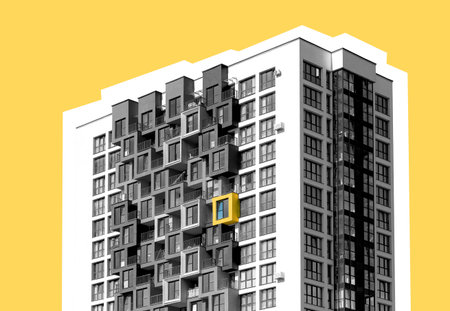 Unique yellow condo building with concrete facade and tall structure. Contemporary urban design highlighting outstanding real estate property, apartment living, and housing investment.の写真素材