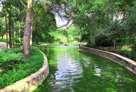 Water in curved canal reflecting green trees and stone path in sunny park. Tranquil garden landscape with lush foliage, calm stream, and natural relaxing environment.の写真素材