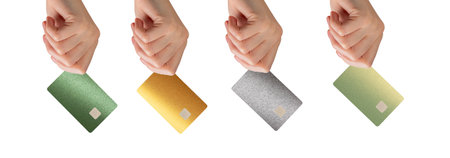 Bank card in hand, showing options for credit or debit card with chip. Representing cashless...