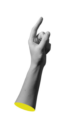 Finger pointing up gesture closeup. Female arm raised with index finger showing direction,...
