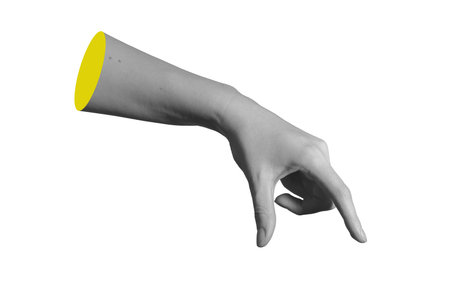Hand holding pose close up with fingers pinching and thumb gripping in precise motion. Side view of...