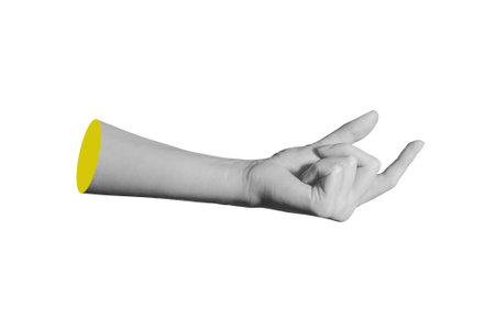 Hand holding empty space between thumb and forefinger in precise gesture showing measurement and...