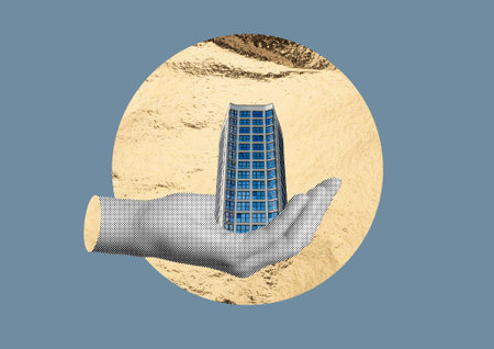 Real estate concept with a hand holdin mortgage, loan, and property investment. A miniature model of a house representing the process of buying, renting, and investing in residential property. Collageの写真素材