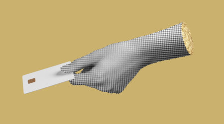 Card in hand for transaction. Person holding plastic bank card for electronic purchase, paying with secure technology in business, shopping, or finance. Salary, expense, fee, and wage management. Grayの写真素材