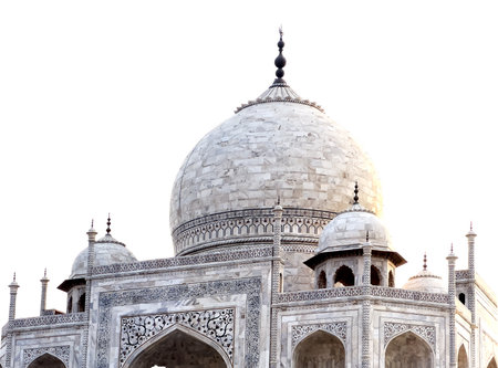 Taj Mahal in Agra, India, an iconic UNESCO World Heritage site. Majestic marble structure with intricate inlay carvings, dome, Mughal architecture, isolated on a white background.の写真素材