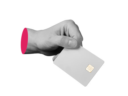 Hand showing financial card with smart chip, symbol of security isolated.の写真素材